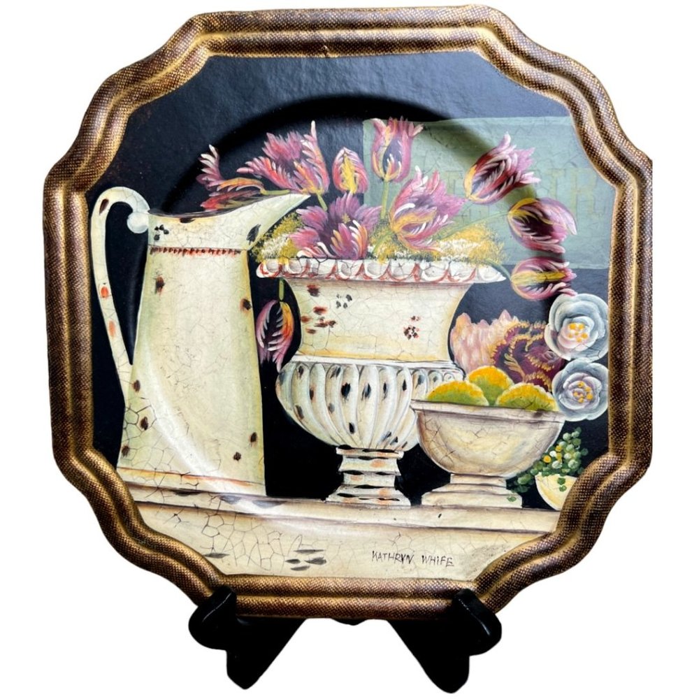 Kathryn White Signed Decorative Wooden Plate Tulips Gold Rim Tam San Designs Art